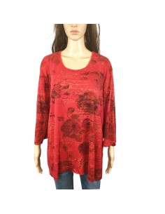Tee-shirt rouge femme T50/52 à roses, manches longues