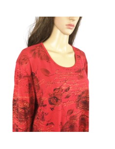 Tee-shirt rouge femme T50/52 à roses, manches longues 2
