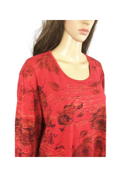 Tee-shirt rouge femme T50/52 à roses, manches longues