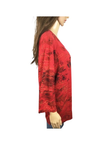 Tee-shirt rouge femme T50/52 à roses, manches longues