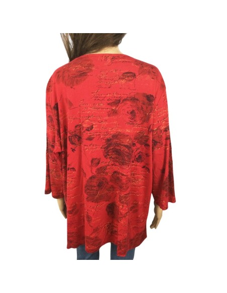 Tee-shirt rouge femme T50/52 à roses, manches longues