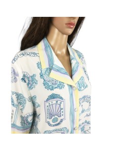 Chemisier blanc motifs bleus jaunes T48 chic été 2