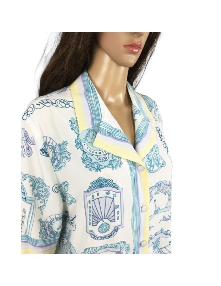 Chemisier blanc motifs bleus jaunes T48 chic été