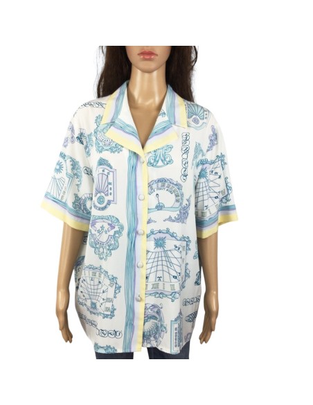 Chemisier blanc motifs bleus jaunes T48 chic été