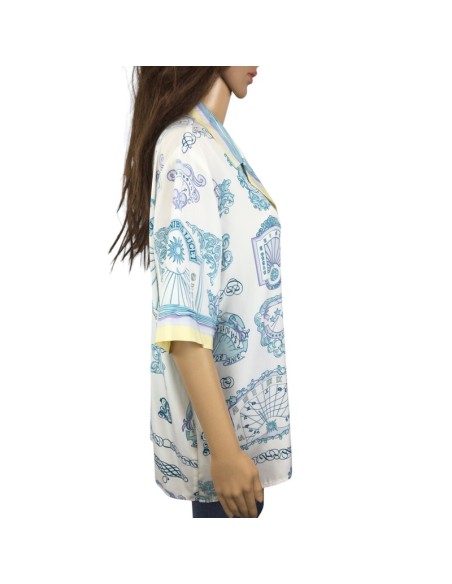 Chemisier blanc motifs bleus jaunes T48 chic été