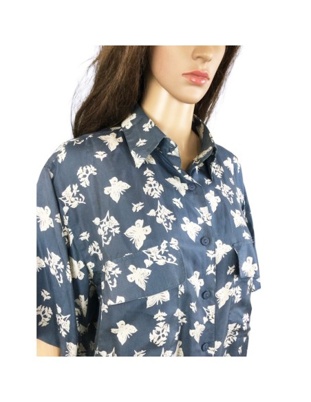 Chemisier bleu papillons T50 Soie été léger fluide