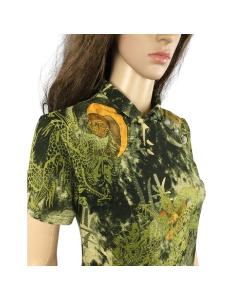 Tee-shirt vert kaki T38 motifs Asie manches courtes