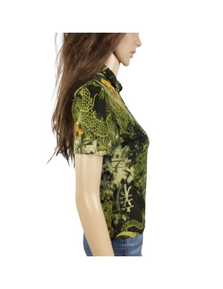 Tee-shirt vert kaki T38 motifs Asie manches courtes