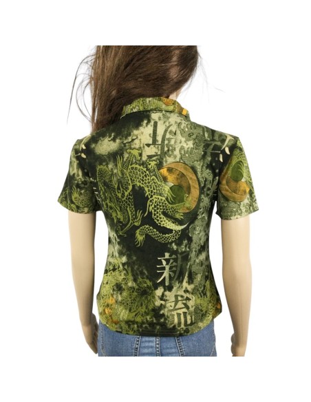 Tee-shirt vert kaki T38 motifs Asie manches courtes