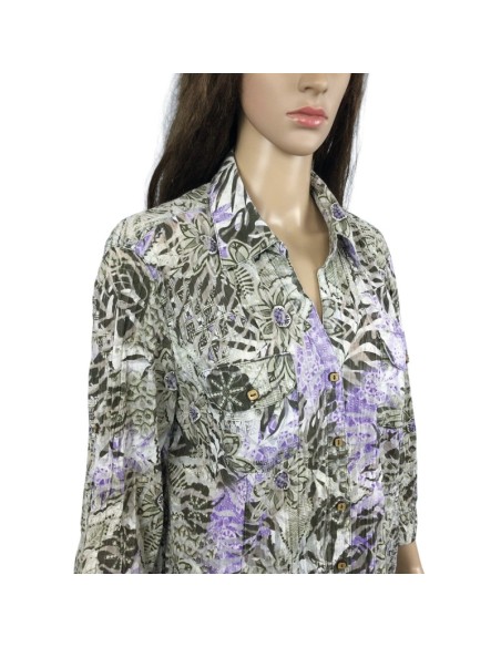 Chemise femme kaki violet Canda T42 motif végétal